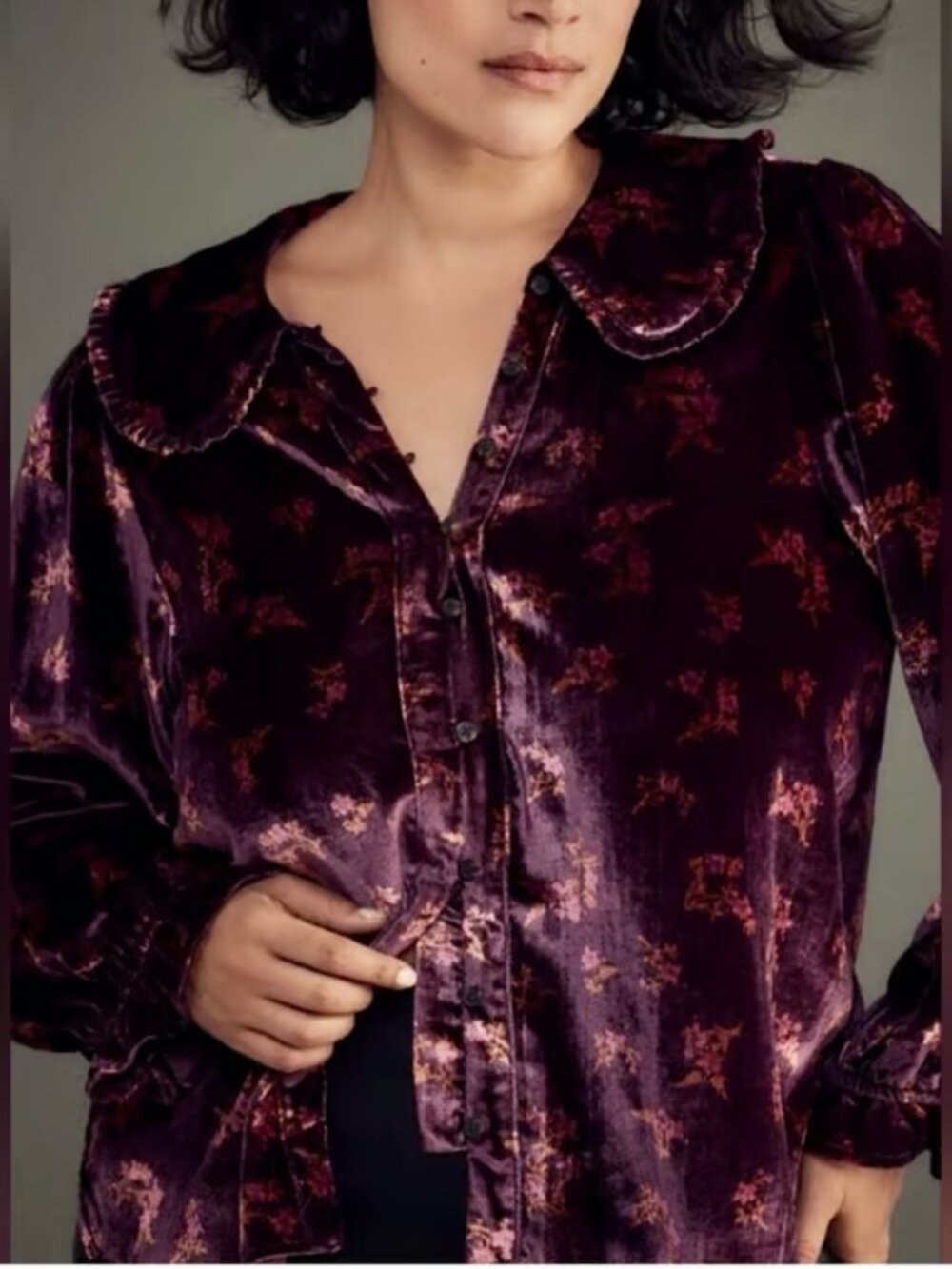 Pilcro ANTHROPOLOGIE velvet KEIRA floral RUFFLE COLLAR top purple ROMANTIC xl - Picture 1 of 11